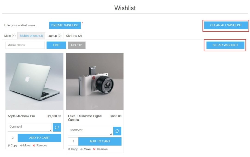 multiple wishlist page clear wishlist